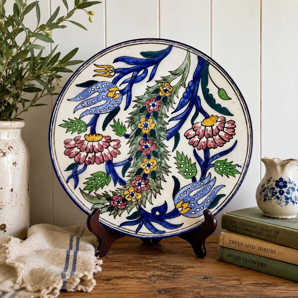 VTG Hand Painted Italian Wall Plate Blue Floral Pottery Decor 12" Handmade Italy